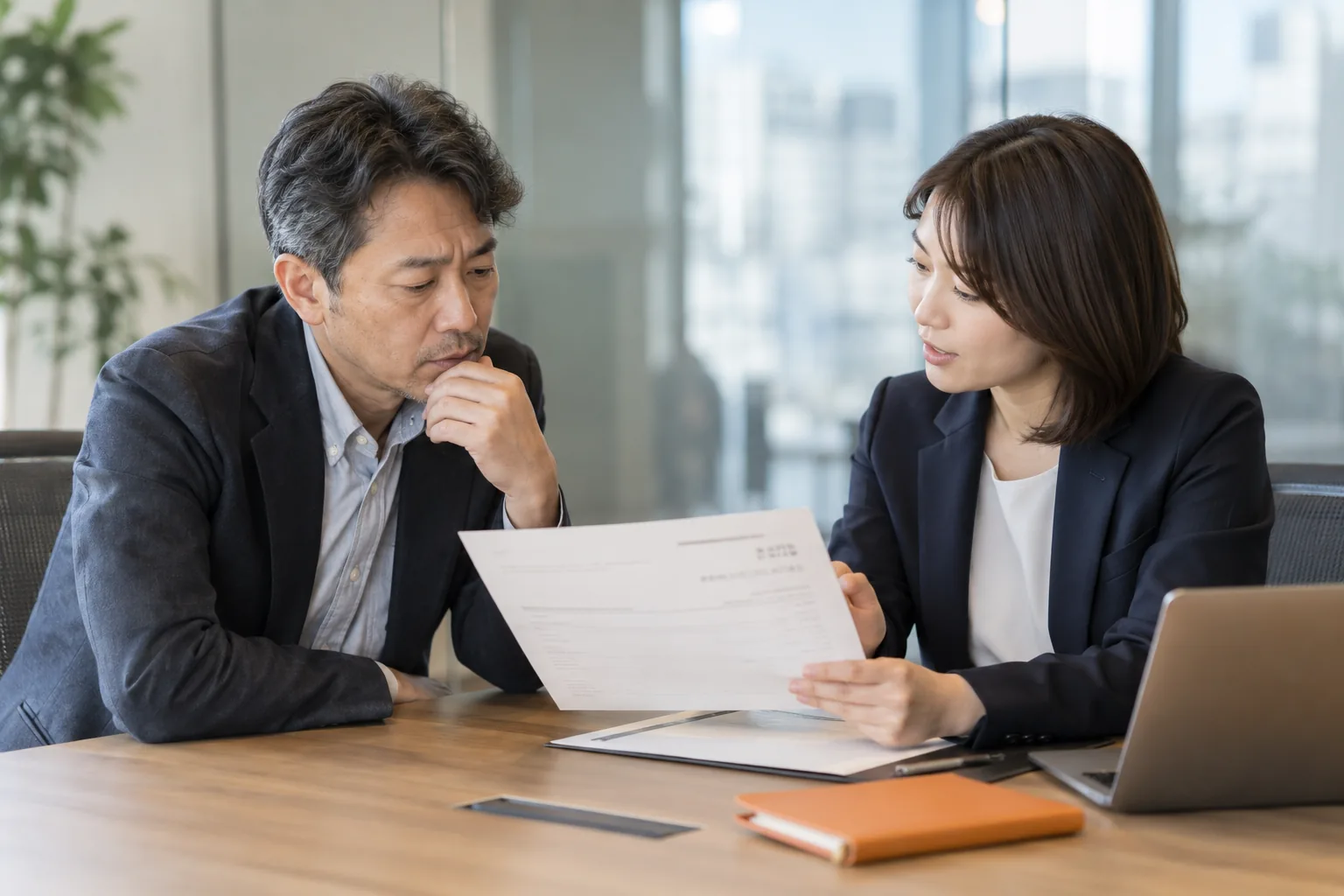 資料を見ながら資金繰りについて相談するイメージ