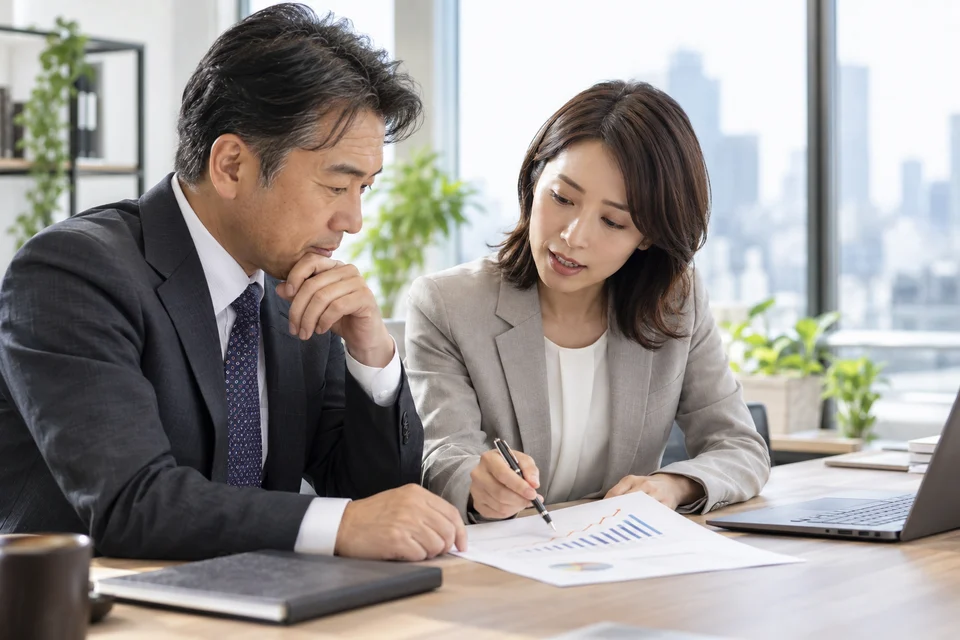 資料を見ながら担当者と相談するイメージ