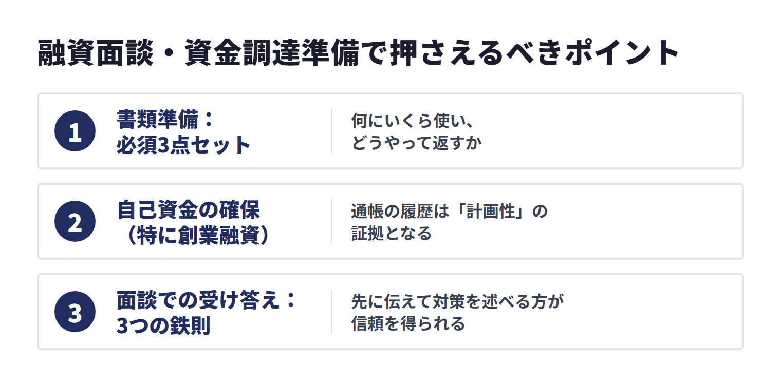 融資面談・資金調達準備では、必須書類を準備し、自己資金を確保し、面談で資金使途・返済原資・都合の悪い情報を具体的かつ率直に説明することが重要です。